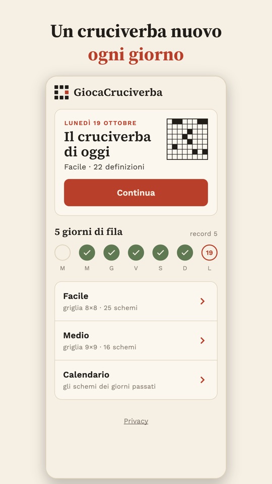 Schermata iniziale dell'app GiocaCruciverba
