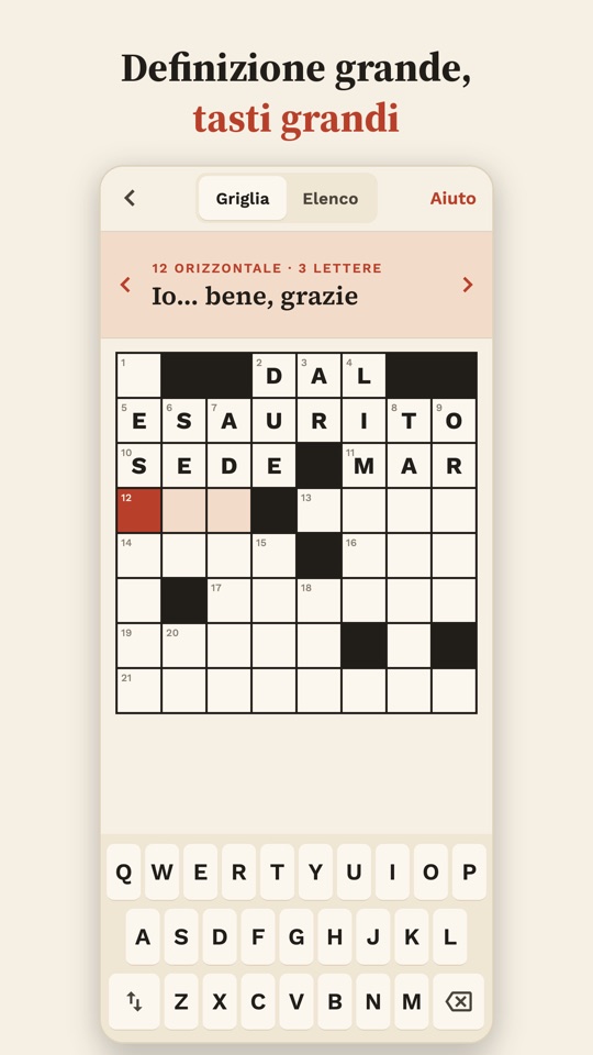 Griglia di gioco dell'app, con definizione e tasti grandi