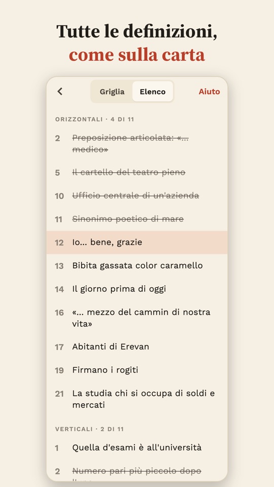 Elenco di tutte le definizioni, orizzontali e verticali, come sulla carta