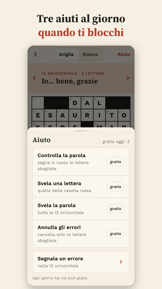 Gli aiuti: controlla la parola, svela una lettera, svela la parola